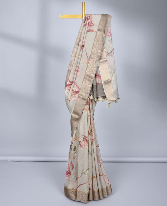 Grey floral printed semi-banaras tissue saree, contrast traditional zari design border