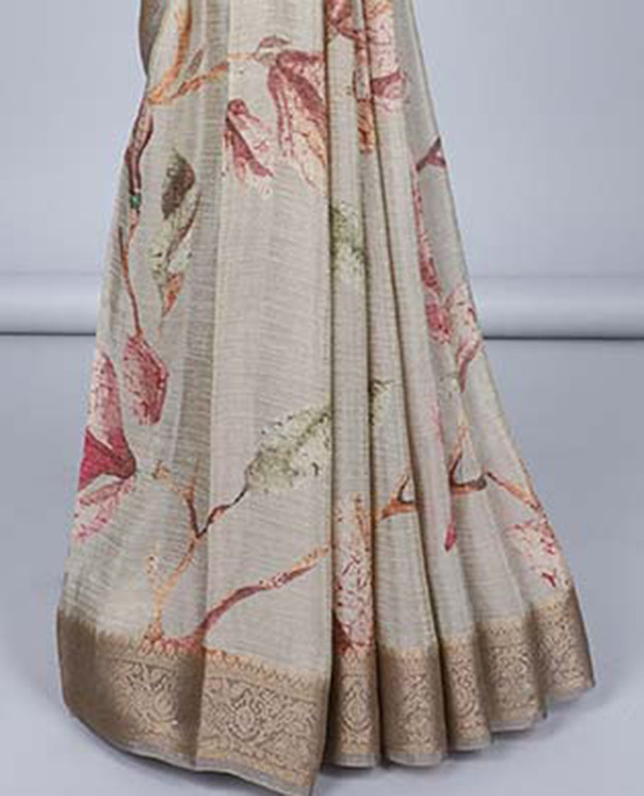 Grey floral printed semi-banaras tissue saree, contrast traditional zari design border