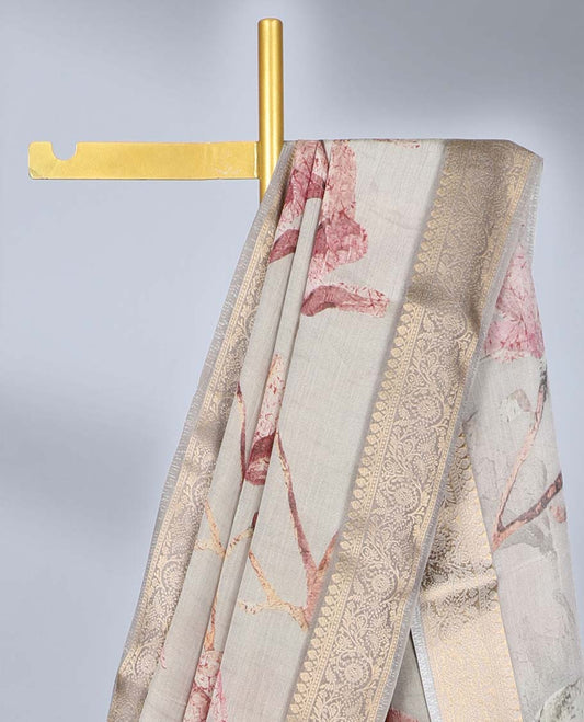 Grey floral printed semi-banaras tissue saree, contrast traditional zari design border