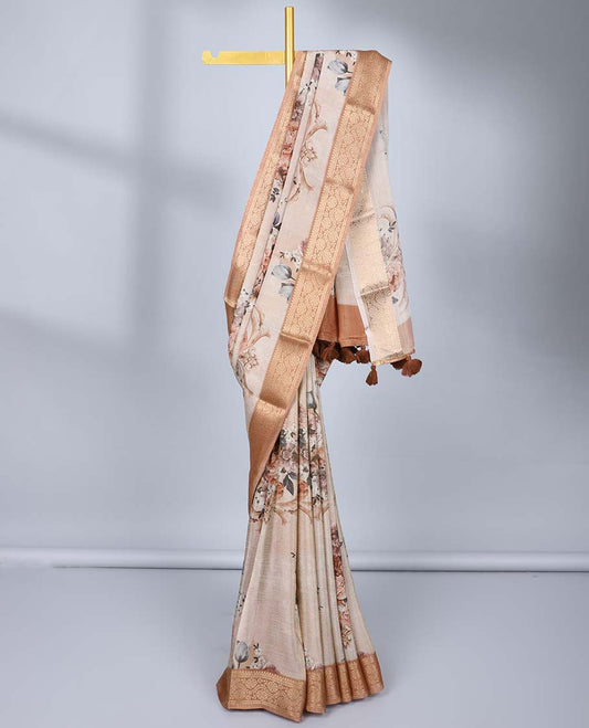 Grey floral printed semi-banaras tissue saree, contrast traditional zari design border