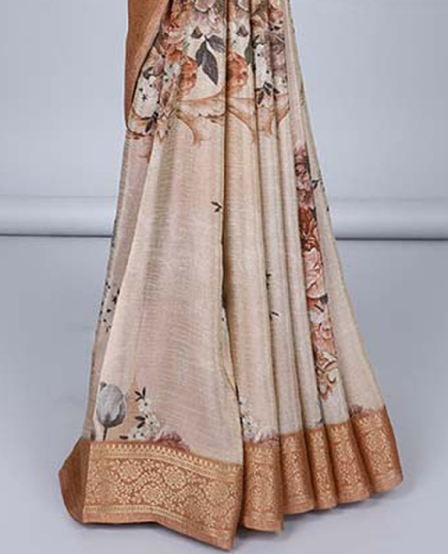 Grey floral printed semi-banaras tissue saree, contrast traditional zari design border
