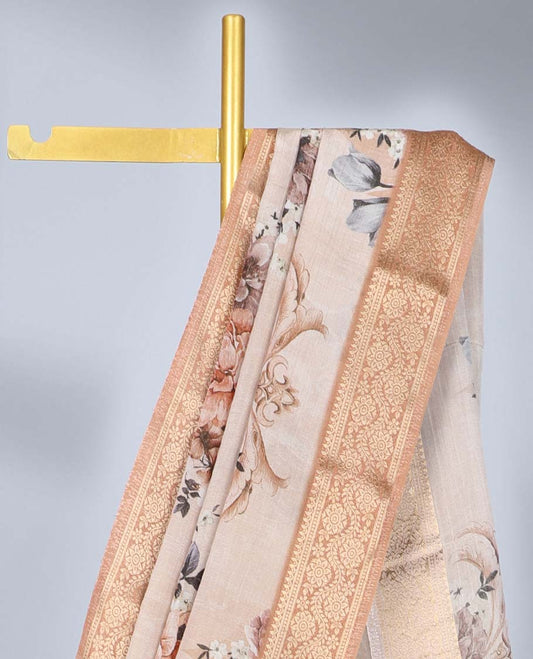 Grey floral printed semi-banaras tissue saree, contrast traditional zari design border