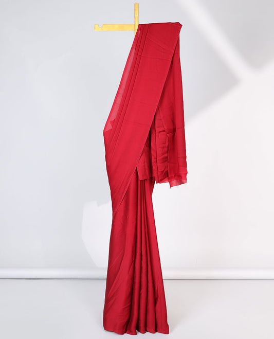 Borderless red plain design semi-banaras crepe saree