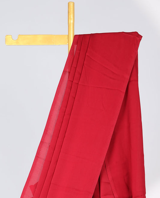 Borderless red plain design semi-banaras crepe saree
