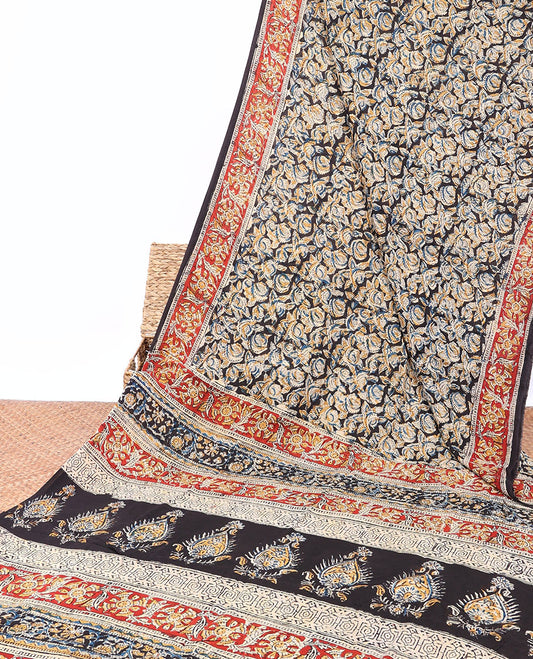 Brown floral machine-printed kalamkari saree, contrast floral printed border & pallu of intricate print
