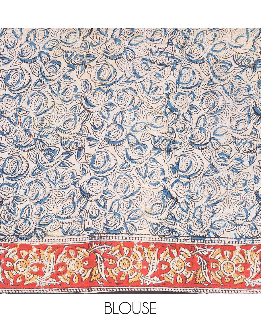 Brown floral machine-printed kalamkari saree, contrast floral printed border & pallu of intricate print
