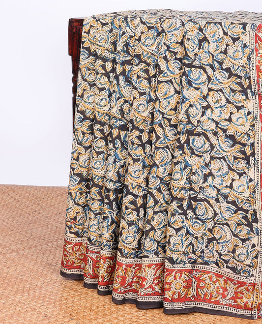 Brown floral machine-printed kalamkari saree, contrast floral printed border & pallu of intricate print