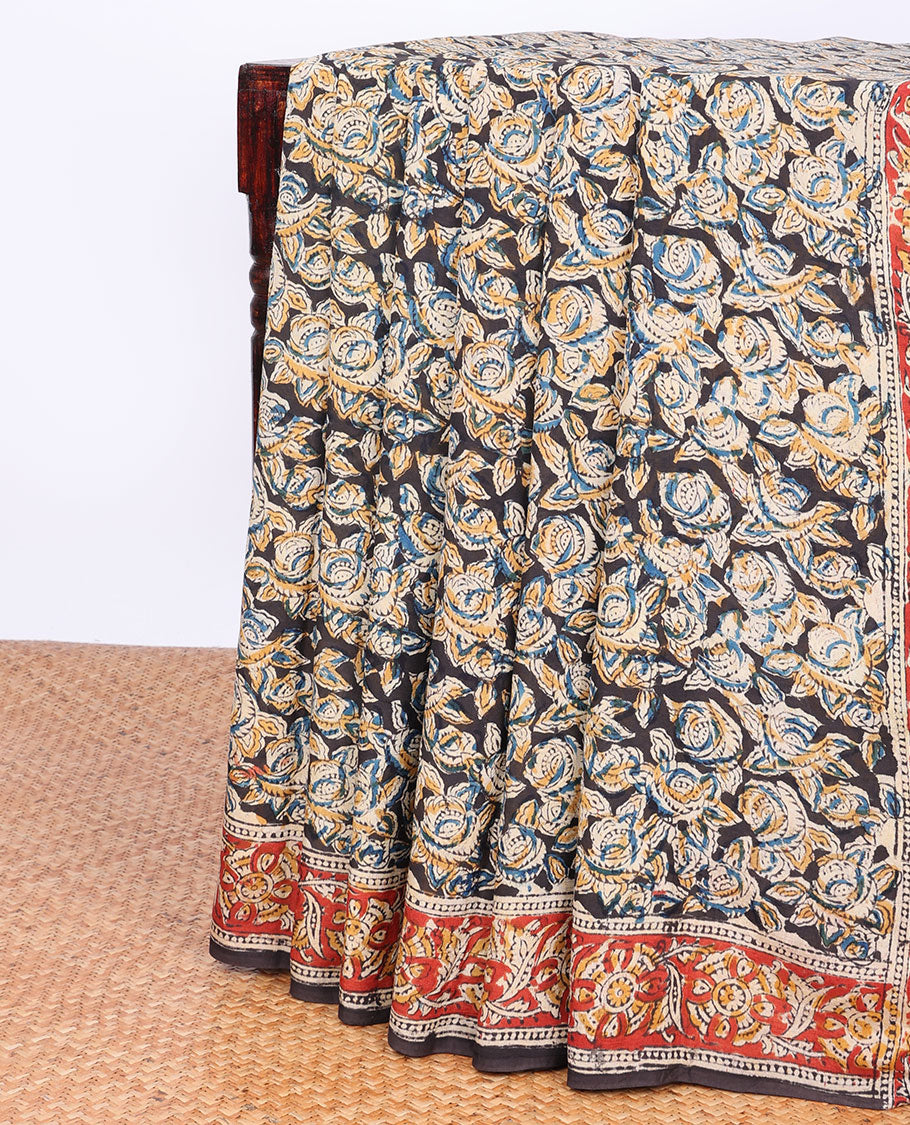 Brown floral machine-printed kalamkari saree, contrast floral printed border & pallu of intricate print