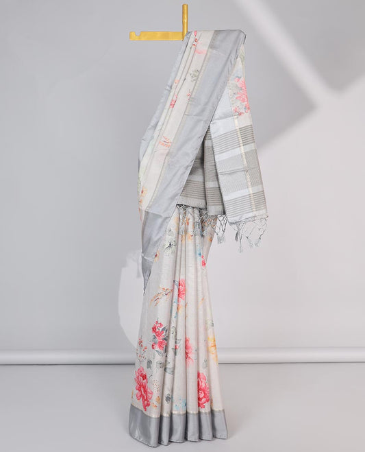 Grey floral vine printed semi-banaras tissue, contrast zari border & striped pallu