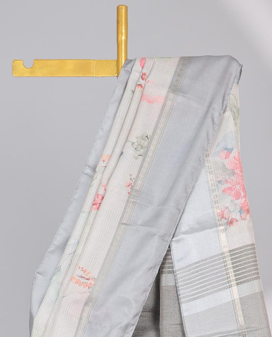 Grey floral vine printed semi-banaras tissue, contrast zari border & striped pallu