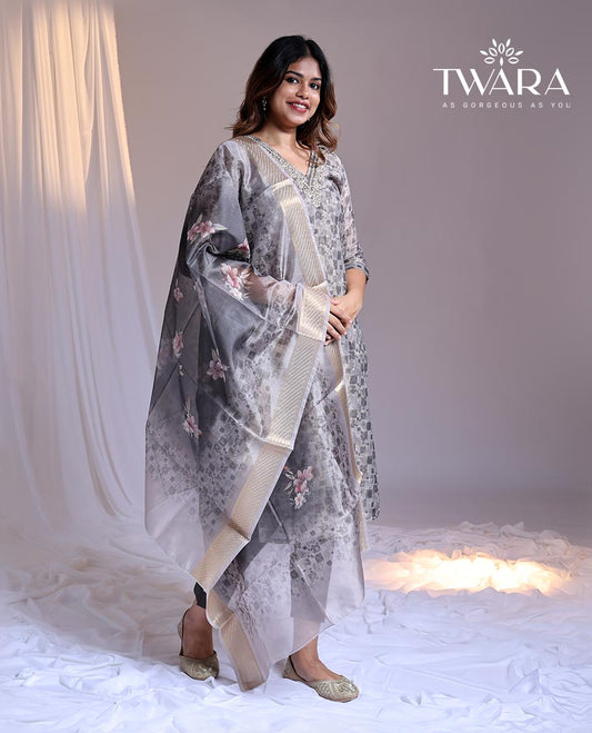 Grey readymade suit, unique print & embroidered 3/4th sleeve v-neck Chanderi top, plain pants & floral printed dupatta