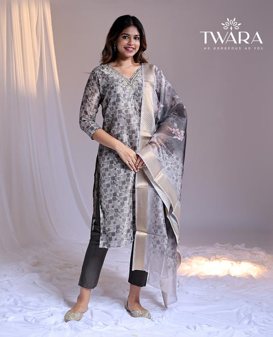 Grey readymade suit, unique print & embroidered 3/4th sleeve v-neck Chanderi top, plain pants & floral printed dupatta