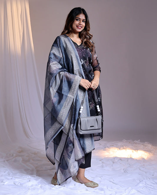 Purple readymade suit, floral printed 3/4th sleeve v-neck chanderi top, plain pants & floral printed dupatta
