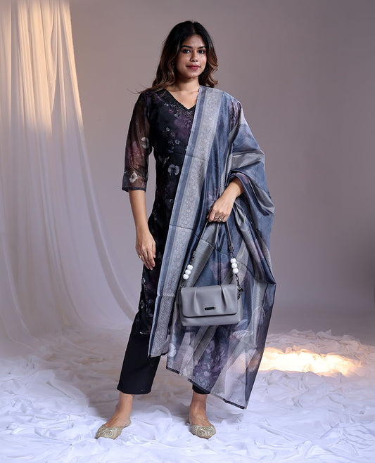 Purple readymade suit, floral printed 3/4th sleeve v-neck chanderi top, plain pants & floral printed dupatta