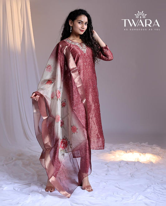 Red readymade suit, embroidery 3/4th sleeve round-neck tissue top, plain pants & floral printed dupatta