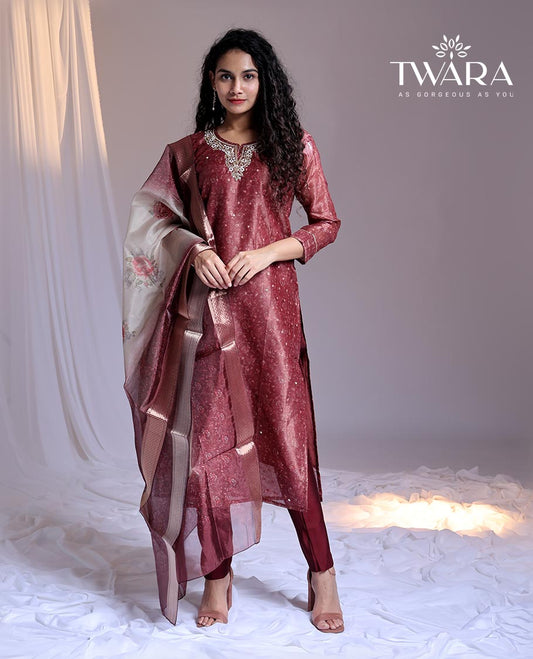 Red readymade suit, embroidery 3/4th sleeve round-neck tissue top, plain pants & floral printed dupatta