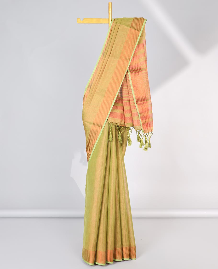 Sandal Semi banaras tissue saree, zari border & pallu of zari stripes