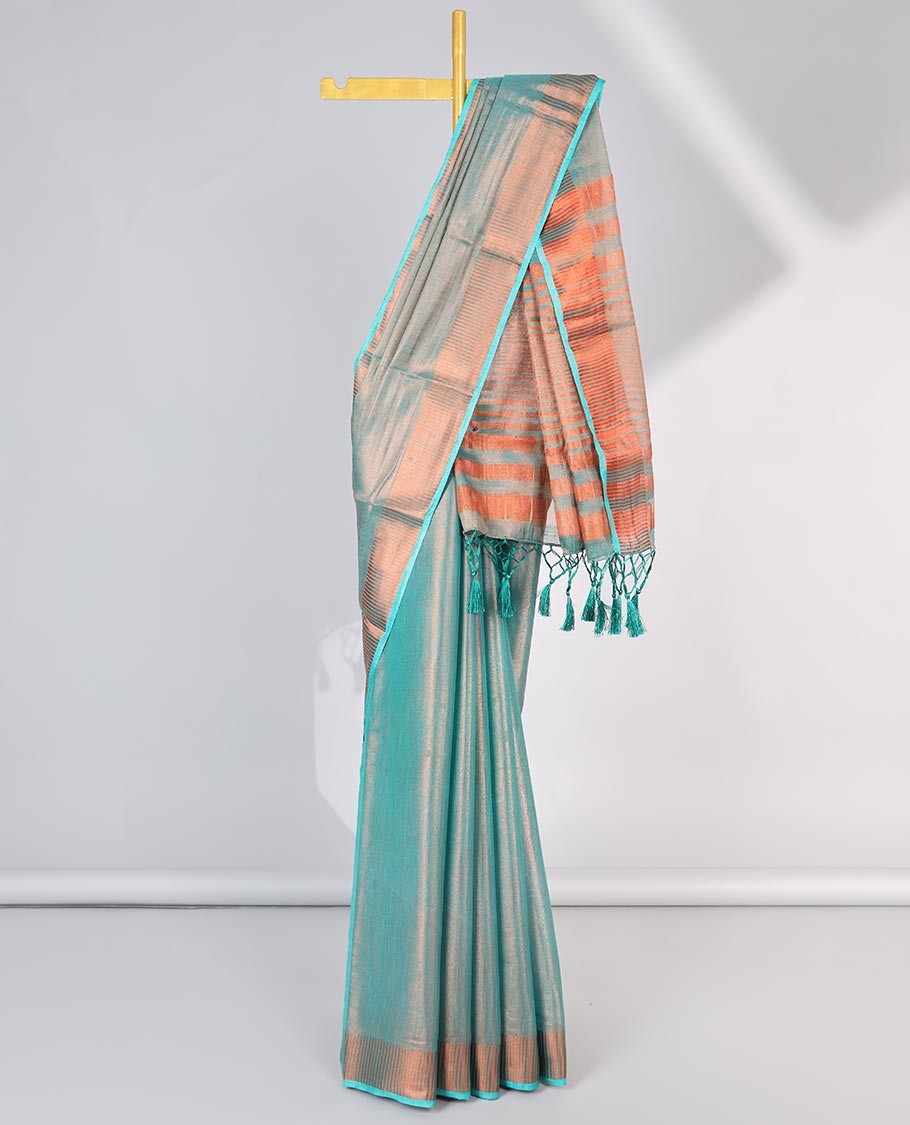 Blue Semi banaras tissue saree, zari border & pallu of zari stripes