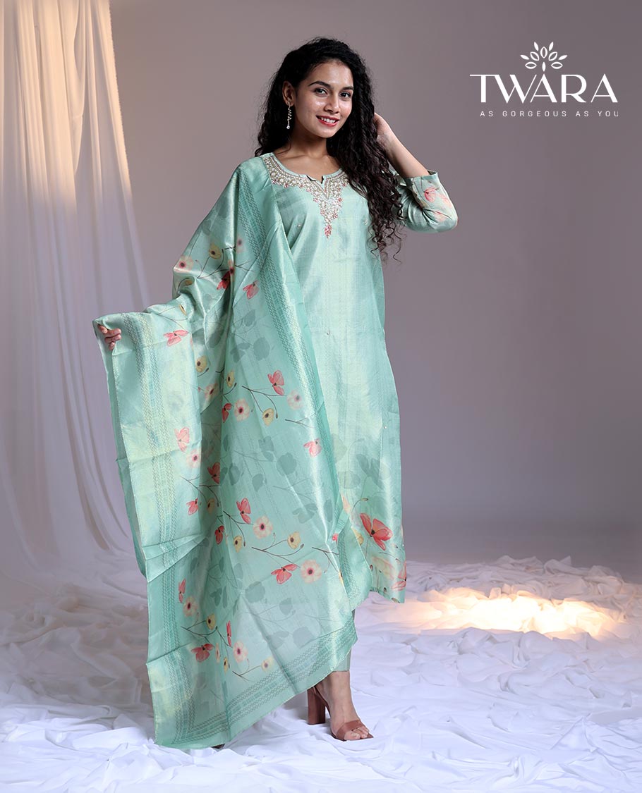 Twara Blue readymade suit,floral print & embroidery 3/4th sleeve round-neck tissue top,plain pant & floral print dupatta