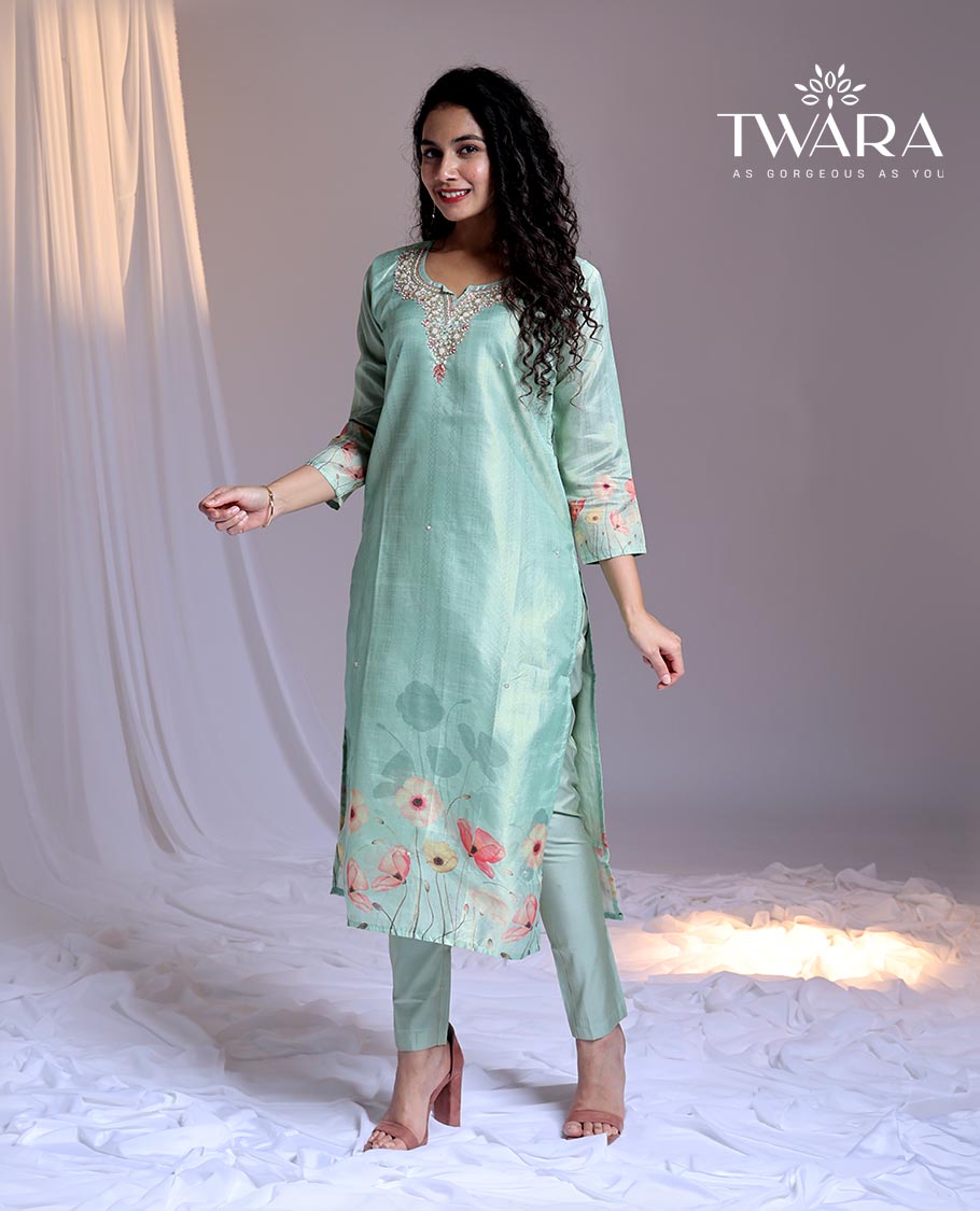 Twara Blue readymade suit,floral print & embroidery 3/4th sleeve round-neck tissue top,plain pant & floral print dupatta