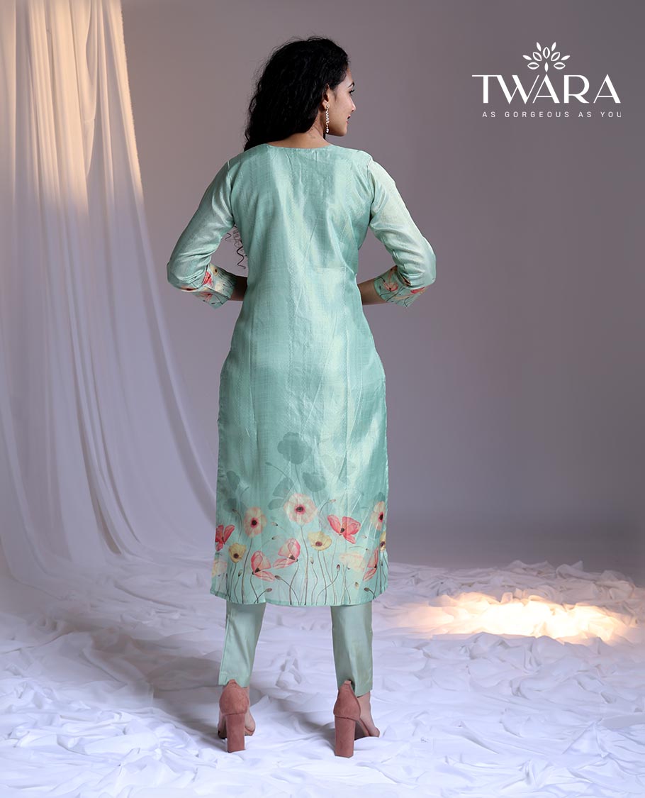 Twara Blue readymade suit,floral print & embroidery 3/4th sleeve round-neck tissue top,plain pant & floral print dupatta