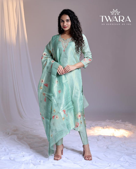 Twara Blue readymade suit,floral print & embroidery 3/4th sleeve round-neck tissue top,plain pant & floral print dupatta