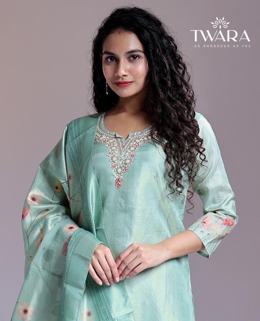 Twara Blue readymade suit,floral print & embroidery 3/4th sleeve round-neck tissue top,plain pant & floral print dupatta
