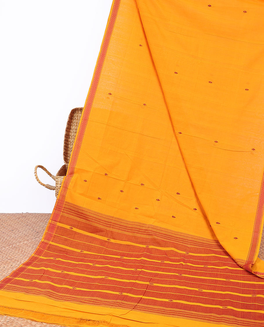 Orange Andhra cotton saree with buttas, paisley design border & pallu of stripes