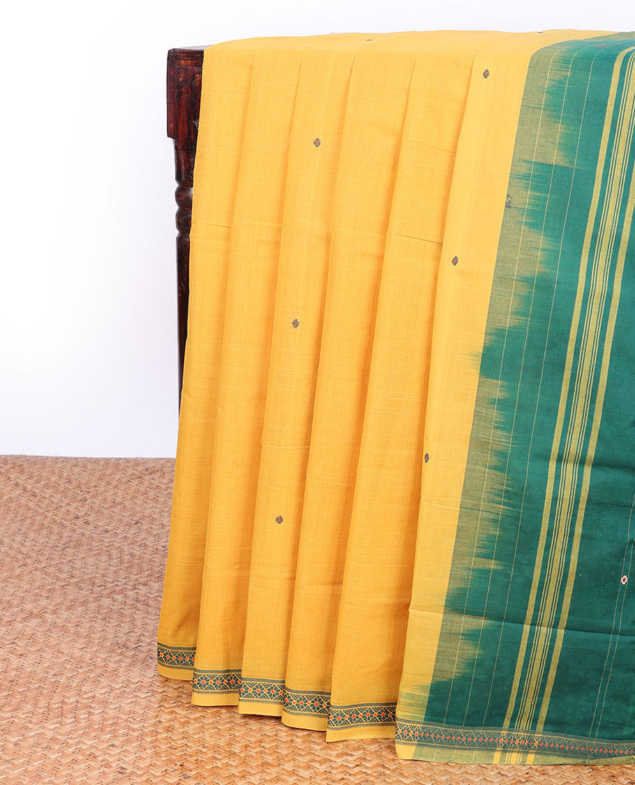 Yellow Andhra cotton saree with buttas, floral design border & contrast pallu of stripes