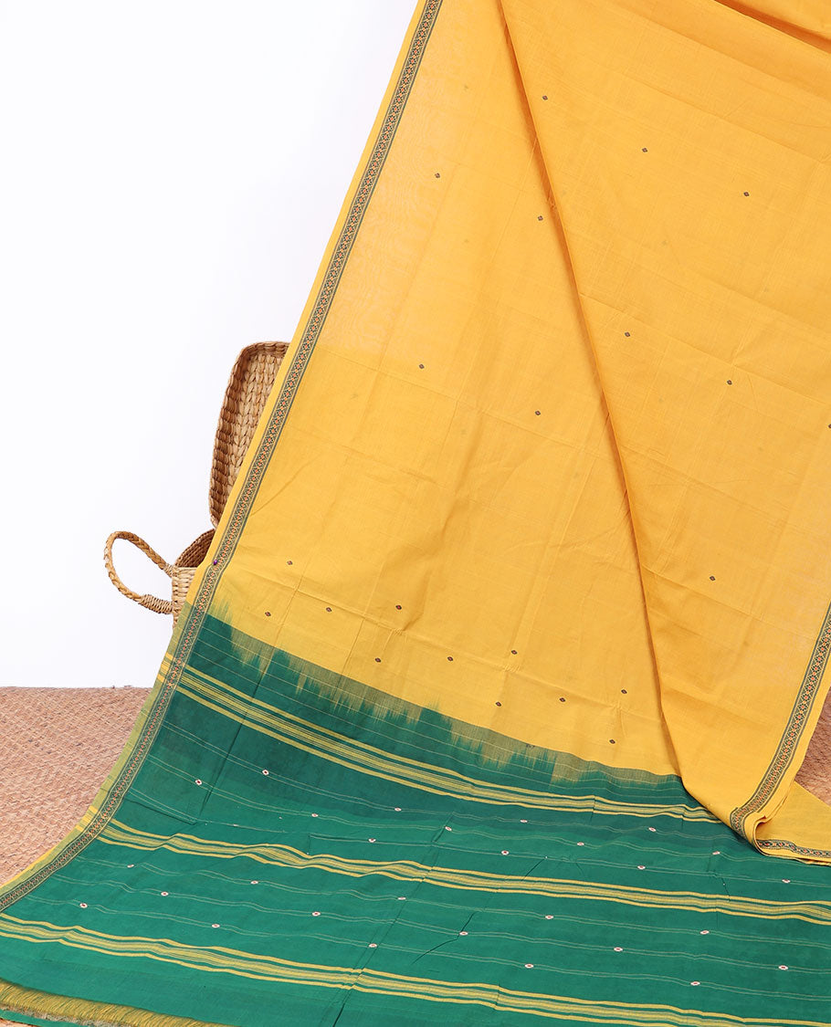 Yellow Andhra cotton saree with buttas, floral design border & contrast pallu of stripes
