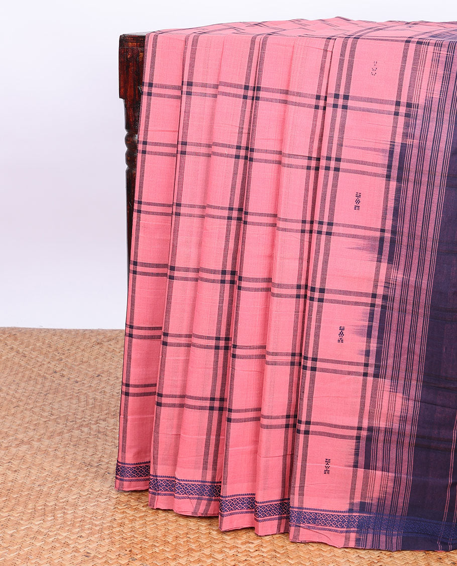Pink checked andhra cotton saree with buttas, unique design border & contrast pallu of stripes