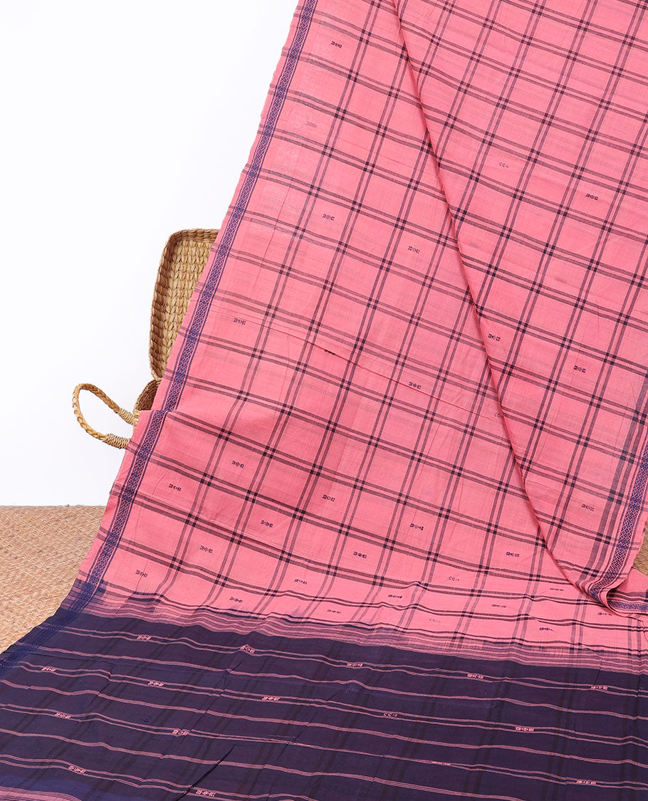 Pink checked andhra cotton saree with buttas, unique design border & contrast pallu of stripes