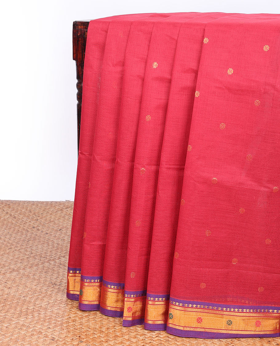 Red Andhra cotton saree with buttas, contrast traditional design border & pallu of stripes