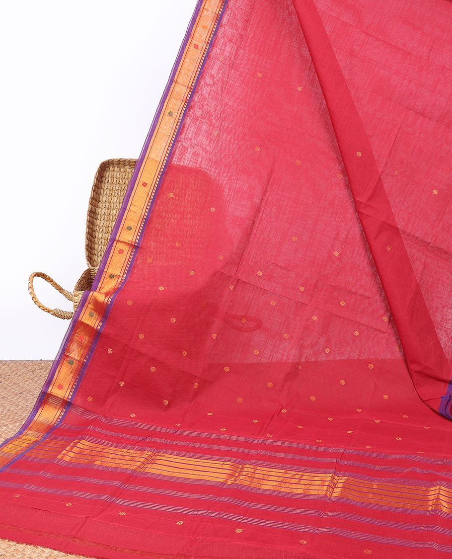 Red Andhra cotton saree with buttas, contrast traditional design border & pallu of stripes