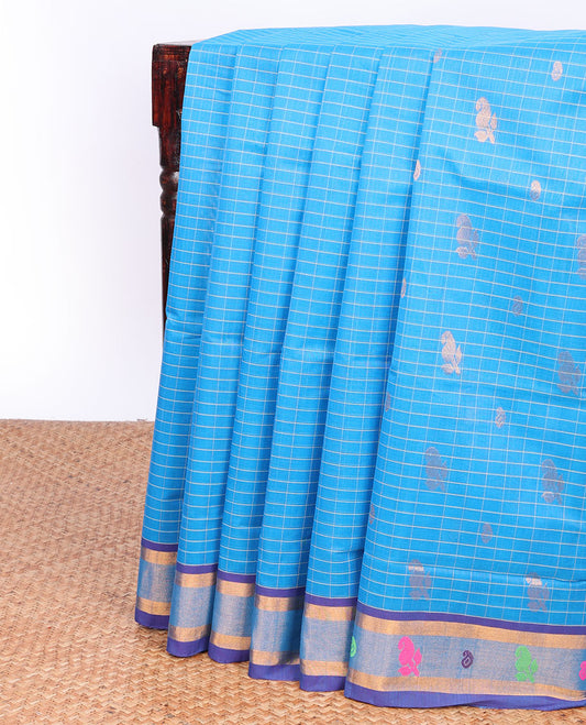 Blue checked Andhra cotton saree with buttas, contrast paisley design border & pallu of stripes