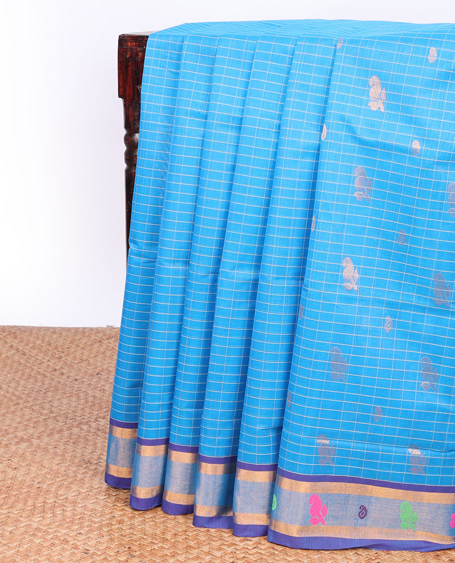 Blue checked Andhra cotton saree with buttas, contrast paisley design border & pallu of stripes