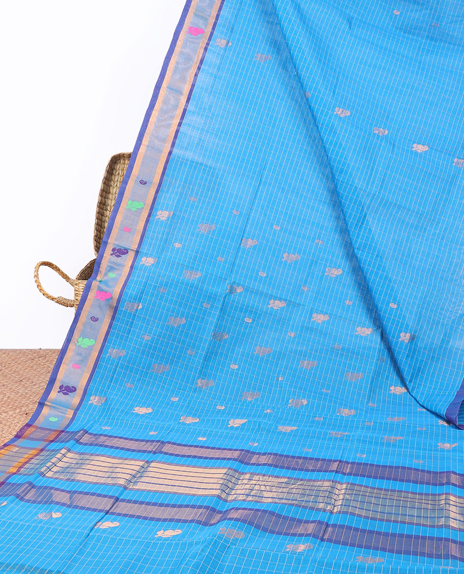Blue checked Andhra cotton saree with buttas, contrast paisley design border & pallu of stripes