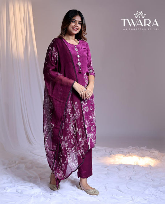Twara Purple readymade suit, floral printed 3/4th sleeve round-neck chanderi top, plain pants & floral printed dupatta