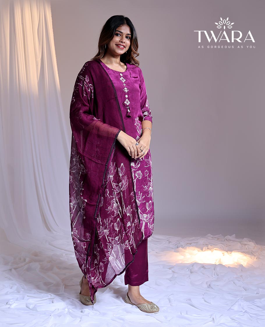 Twara Purple readymade suit, floral printed 3/4th sleeve round-neck chanderi top, plain pants & floral printed dupatta