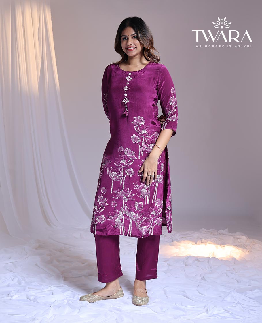 Twara Purple readymade suit, floral printed 3/4th sleeve round-neck chanderi top, plain pants & floral printed dupatta