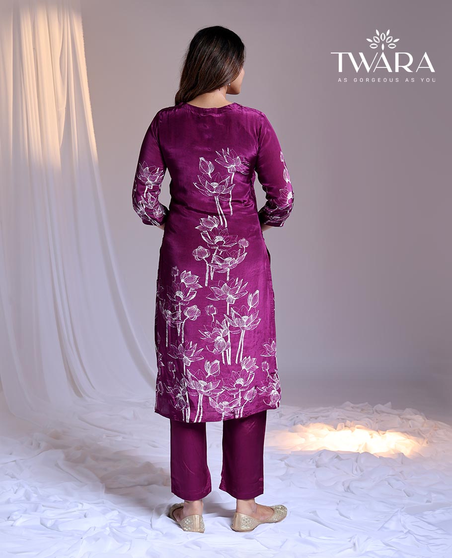 Twara Purple readymade suit, floral printed 3/4th sleeve round-neck chanderi top, plain pants & floral printed dupatta