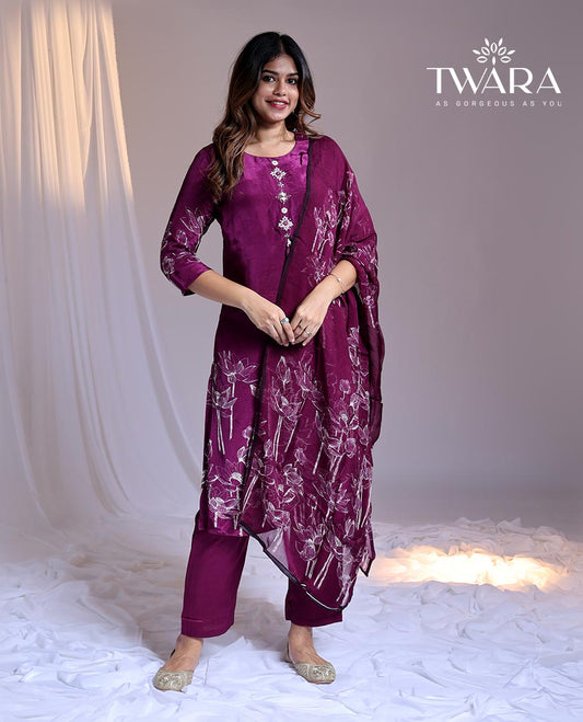 Twara Purple readymade suit, floral printed 3/4th sleeve round-neck chanderi top, plain pants & floral printed dupatta