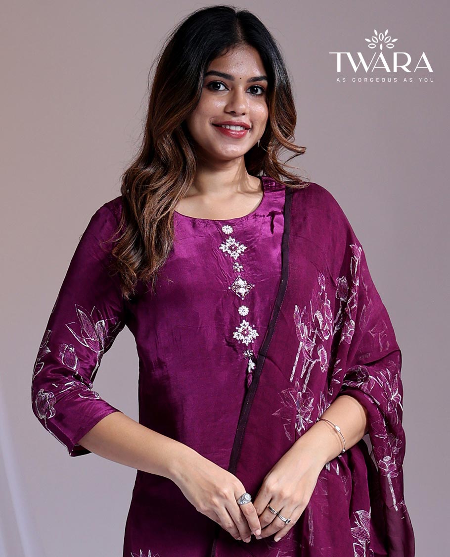 Twara Purple readymade suit, floral printed 3/4th sleeve round-neck chanderi top, plain pants & floral printed dupatta