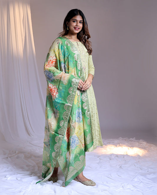 Green readymade suit,floral & embroidery 3/4th sleeve roundneck chanderi top,pant,contrast floral print dupatta