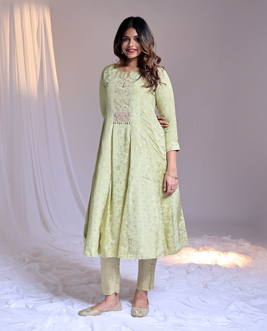 Green readymade suit,floral & embroidery 3/4th sleeve roundneck chanderi top,pant,contrast floral print dupatta