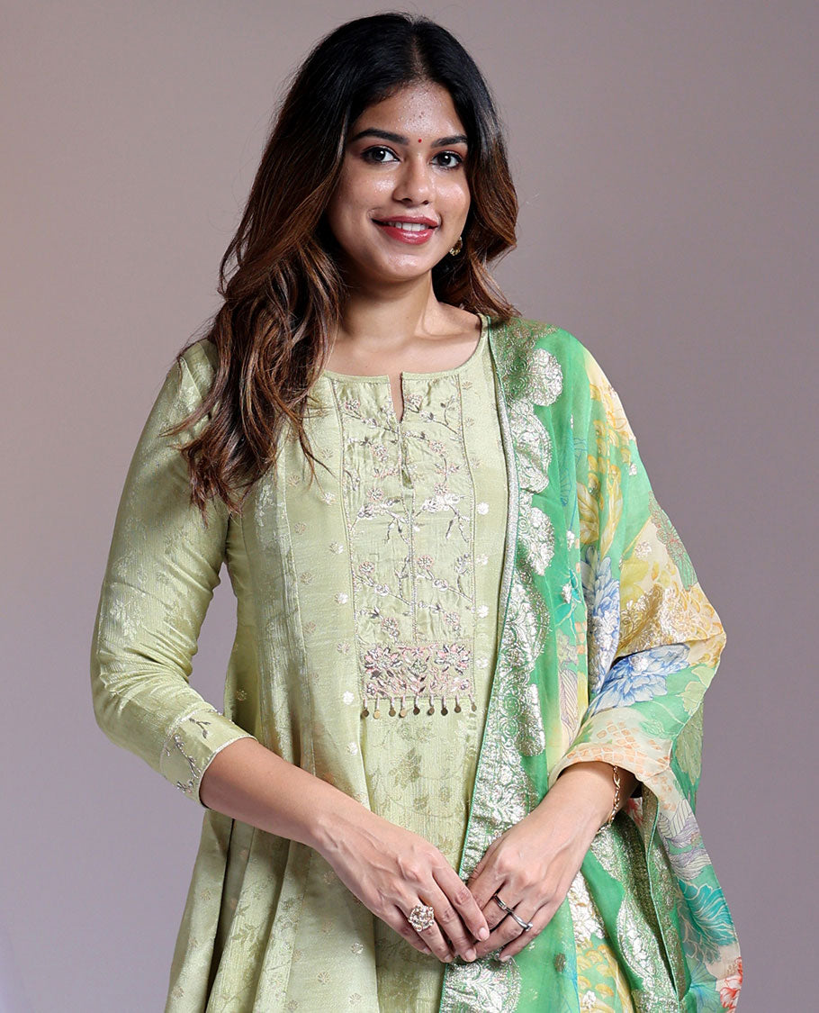 Green readymade suit,floral & embroidery 3/4th sleeve roundneck chanderi top,pant,contrast floral print dupatta
