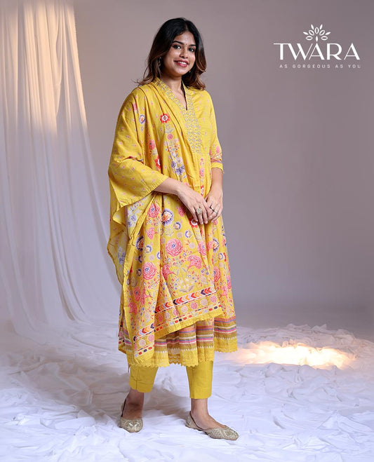 Twara Yellow readymade suit,floral print & embroidery 3/4th sleeve v-neck chanderi top, plain pants,floral print dupatta