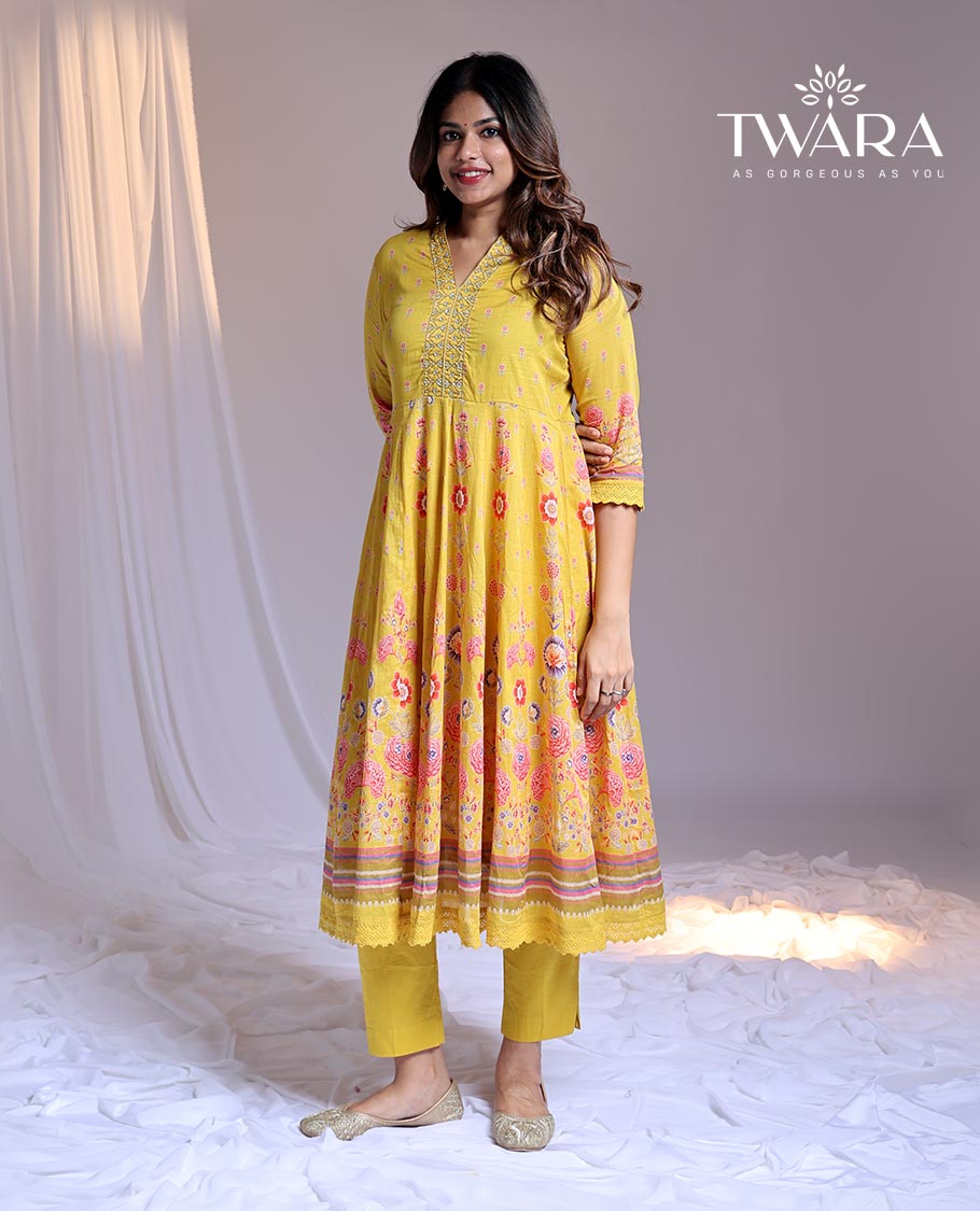 Twara Yellow readymade suit,floral print & embroidery 3/4th sleeve v-neck chanderi top, plain pants,floral print dupatta