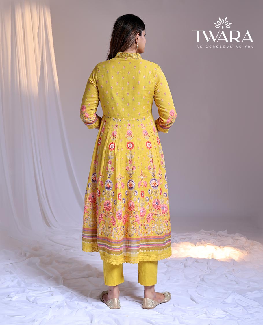 Twara Yellow readymade suit,floral print & embroidery 3/4th sleeve v-neck chanderi top, plain pants,floral print dupatta