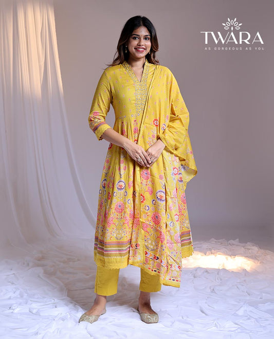 Twara Yellow readymade suit,floral print & embroidery 3/4th sleeve v-neck chanderi top, plain pants,floral print dupatta